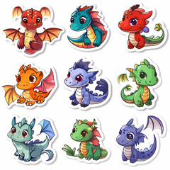 Obraz premium a Set Cute dragon on a White Canvas Sticker,vector image