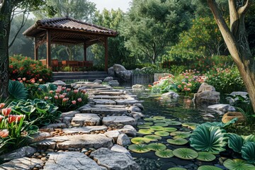 Chinese Pavilion in a Serene Garden