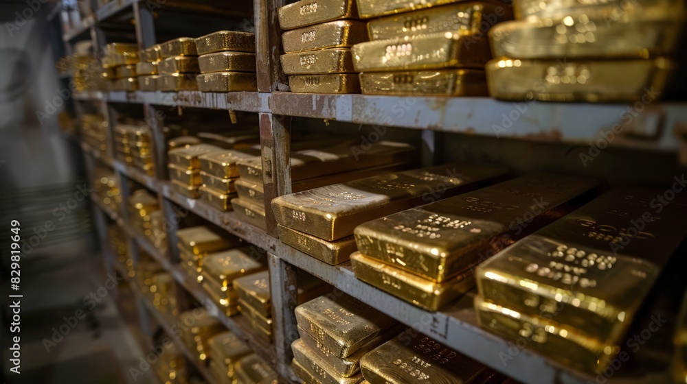 Aufkleber stacks of gleaming gold bars neatly arranged in a secure vault. the bars are stamped with weight and