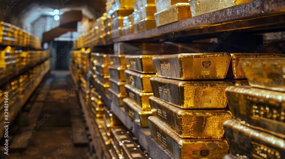 Aufkleber stacks of gleaming gold bars neatly arranged in a secure vault. the bars are stamped with weight and