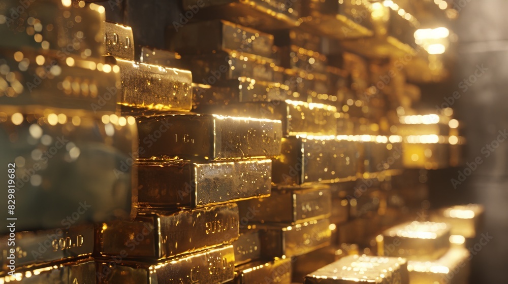 Poster stacks of gleaming gold bars neatly arranged in a secure vault. the bars are stamped with weight and