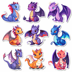 Fototapeta premium a Set Cute dragon on a White Canvas Sticker,vector image