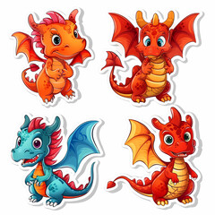 a Set Cute dragon on a White Canvas Sticker,vector image