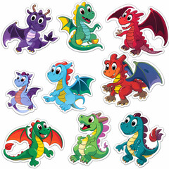 Obraz premium a Set Cute dragon on a White Canvas Sticker,vector image