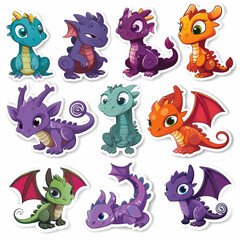Obraz premium a Set Cute dragon on a White Canvas Sticker,vector image