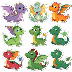 Obraz premium a Set Cute dragon on a White Canvas Sticker,vector image