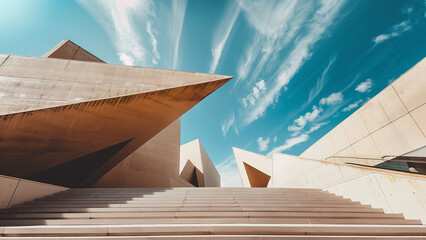 Modern Architectural Structure with Geometric Shapes and Clear Sky
