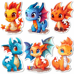 Obraz premium a Set Cute dragon on a White Canvas Sticker,vector image