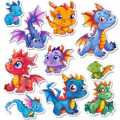 Obraz premium a Set Cute dragon on a White Canvas Sticker,vector image