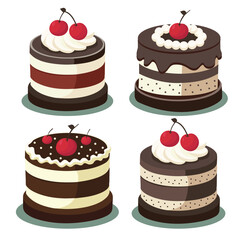 Black forest cake. Schwarzwald torte. traditional pie. german Deserts. sweet cherry. Flat design. Vector illustration