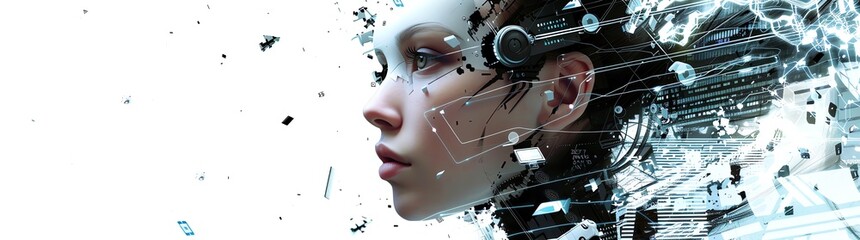 A digital art piece featuring an AI female figure with futuristic headsets, set against the backdrop of advanced technology and data visualization elements on a white background. The composition is hi - Powered by Adobe