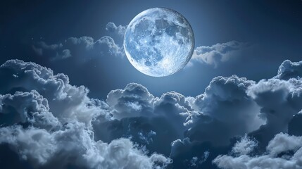The full moon peeks through the clouds, creating a dramatic and mysterious atmosphere. The play of light and shadow adds depth to the night sky.