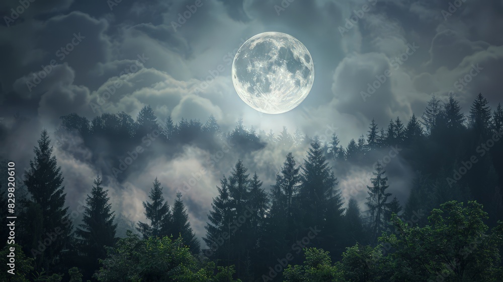 Poster the full moon rises above a dense forest, its silver light filtering through the trees and creating 