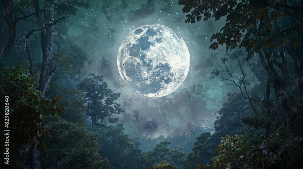 Poster the full moon rises above a dense forest, its silver light filtering through the trees and creating 