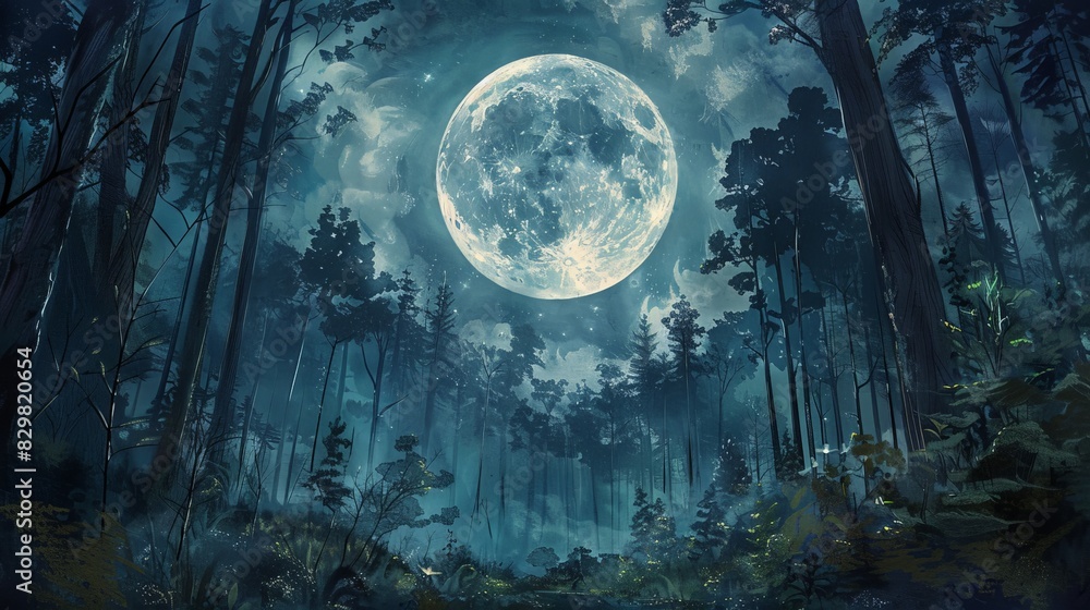Poster the full moon rises above a dense forest, its silver light filtering through the trees and creating 