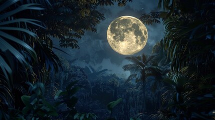 The full moon rises over a dense jungle, the moonlight filtering through the thick foliage. The scene is mysterious and filled with the sounds of the night.