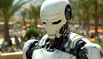 Fototapeta premium Close-up of a white humanoid robot with a blurred background.