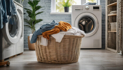 Laundry room scene with basket of clothes, washing machine in background