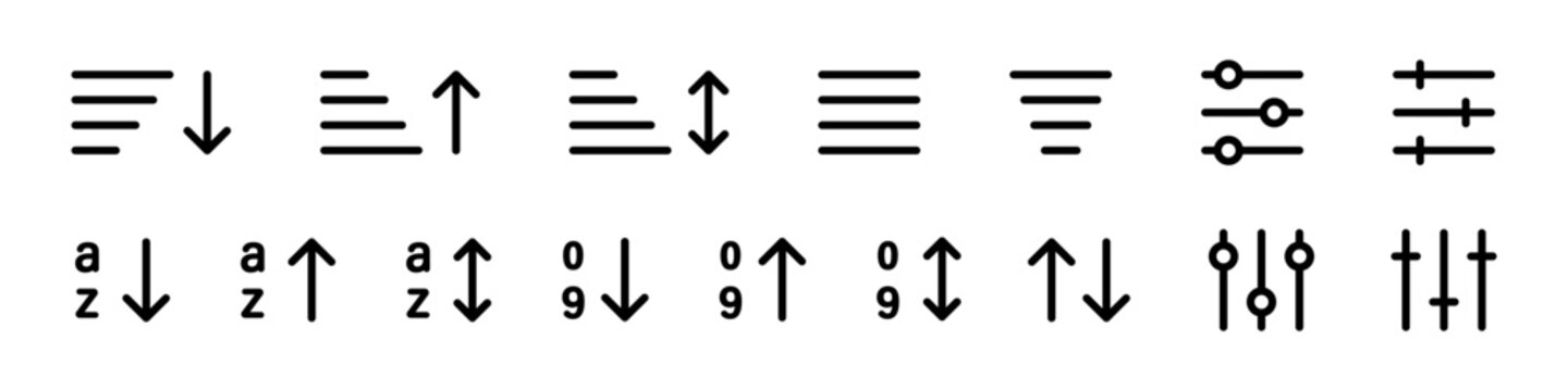 Sort icon set. Sort, order, filter vector icons collection. Sorting, alphabet icons. Vector