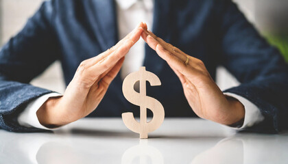 Hands cradle a dollar sign, symbolizing protection and security for savings, amidst the backdrop of financial concerns