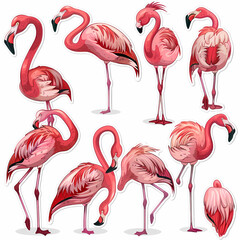 a Set Cute Greater Flamingo on a White Canvas Sticker,vector image