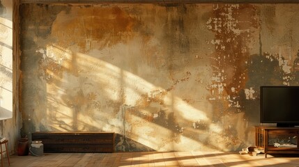 Grunge wall in a daylight-filled living room, showcasing ancient ambiance