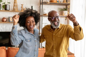 Senior couple having fun together, dancing in their living room with joy and laughter