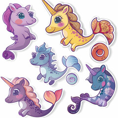 Naklejka premium a Set Cute Hippocampus on a White Canvas Sticker,vector image