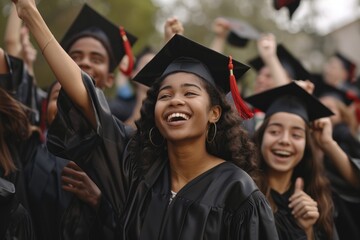 Group of happy diverse graduates in black caps and gowns, lifting their diplomas high and cheering in celebration, having fun together
