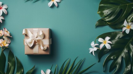 A beautifully packaged gift box with a ribbon bow, displayed on a flat lay surface with a solid color background, dried flowers, and tropical leaves, offering clear copy space.