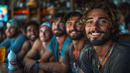 A group of young men enjoying time together at a bar, with a focus on one smiling man in the foreground