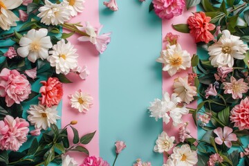 A charming flat lay composition featuring a border of lush flowers arranged on a colorful surface.