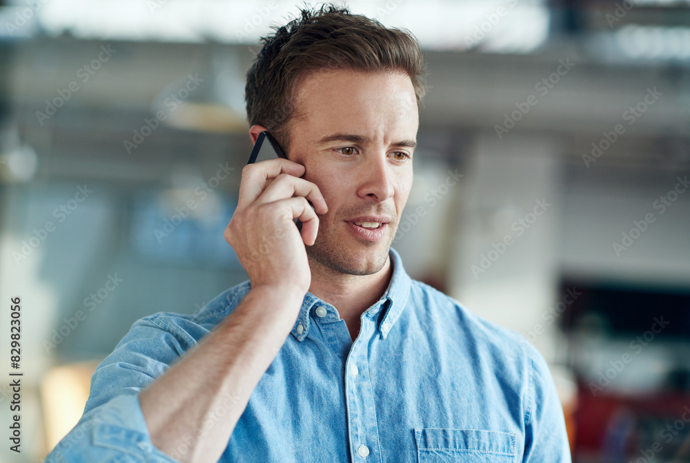 Poster business, conversation and man with phone call for networking, planning and contact at startup. offi