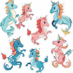 Naklejka premium a Set Cute Hippocampus on a White Canvas Sticker,vector image
