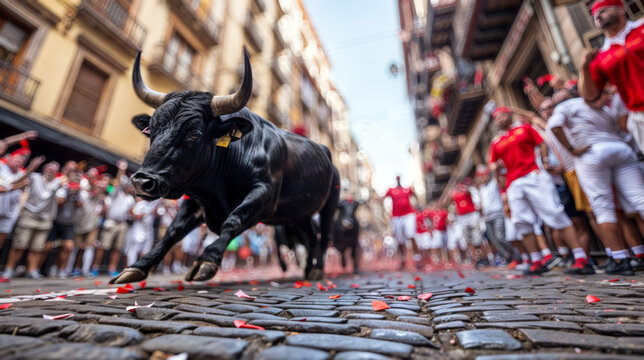 encierro de taureaux dans les rues &eacute;troites de Pampelune lors de la c&eacute;l&egrave;bre f&ecirc;te de San Fermin