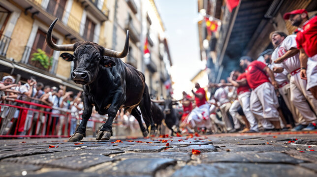 encierro de taureaux dans les rues &eacute;troites de Pampelune lors de la c&eacute;l&egrave;bre f&ecirc;te de San Fermin