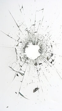 impact de balle dans une vitre en verre blanc, &eacute;clats et fissures