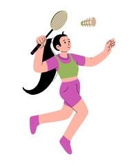 Badminton vector illustration. One Badminton player jumping smash shot. Character for sport.