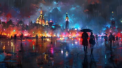 Obraz premium A couple walks hand-in-hand through a rainy city at night, illuminated by neon lights and the glow of distant buildings.