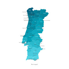 Vector modern isolated illustration. Simplified administrative map of Portugal. Names of capital, cities and districts. Blue gradient colors