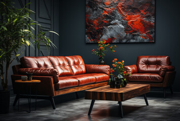 Sophisticated Vintage Living Room with Reddish-Brown Leather Sofas