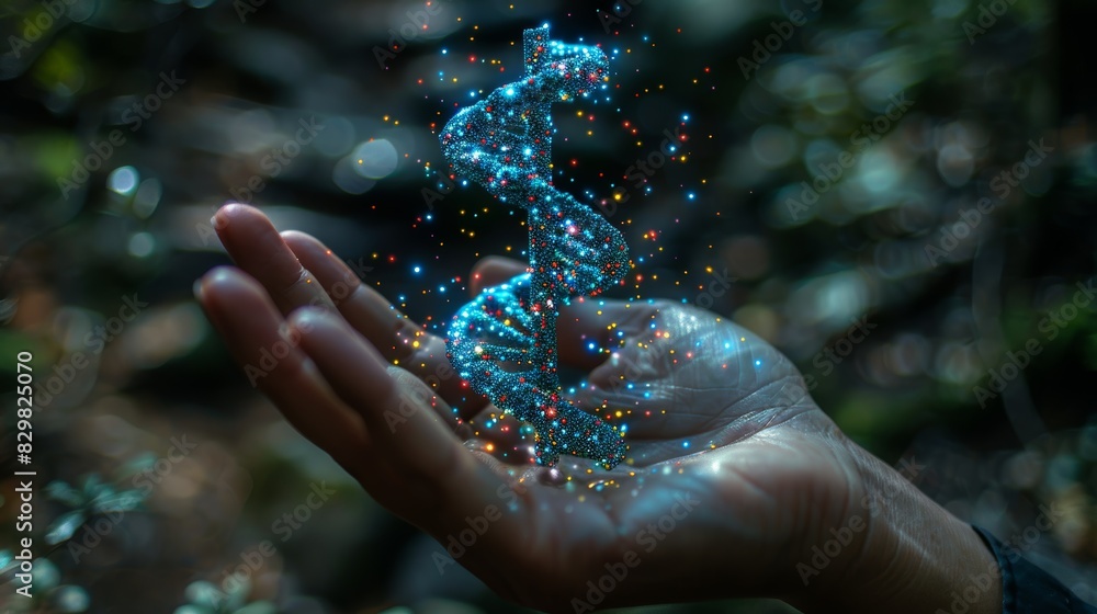 Poster conceptual image of a hand with a glowing dna double helix floating above it