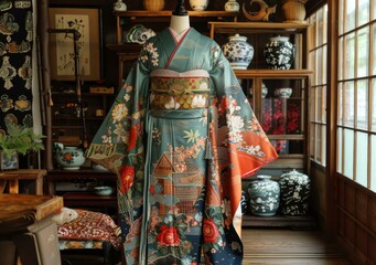 A kimono with a pattern of a house and cherry blossoms