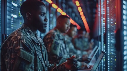 Military personnel in uniform working on computers in a high-tech data center server room with face unseen due to blurring