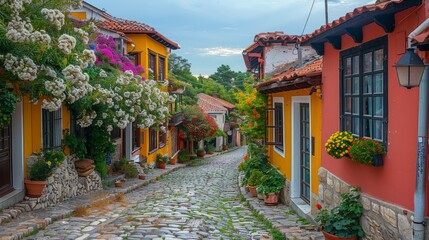 Fototapeta premium Cobblestone street meandering through vibrant old houses adorned with lush flowers in a quaint town