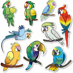Obraz premium a Set Cute parrot on a White Canvas Sticker,vector image