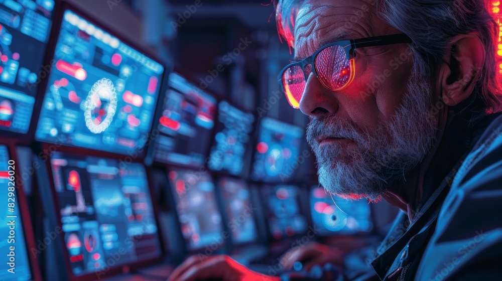 Aufkleber a high-tech control room operator with multiple monitors displaying data and graphs