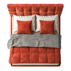 Top view of an orange bed with blue pillows top view transparent background