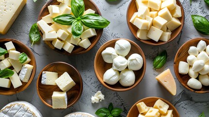 Top view of various types and shapes of cheese in wooden bowls on a concrete background, in a flat lay. Different breeds of creamy mozzarella with fresh basil leaves on a rustic table. A variety of se