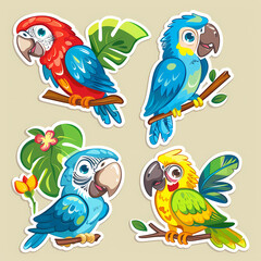 a Set Cute parrot on a White Canvas Sticker,vector image